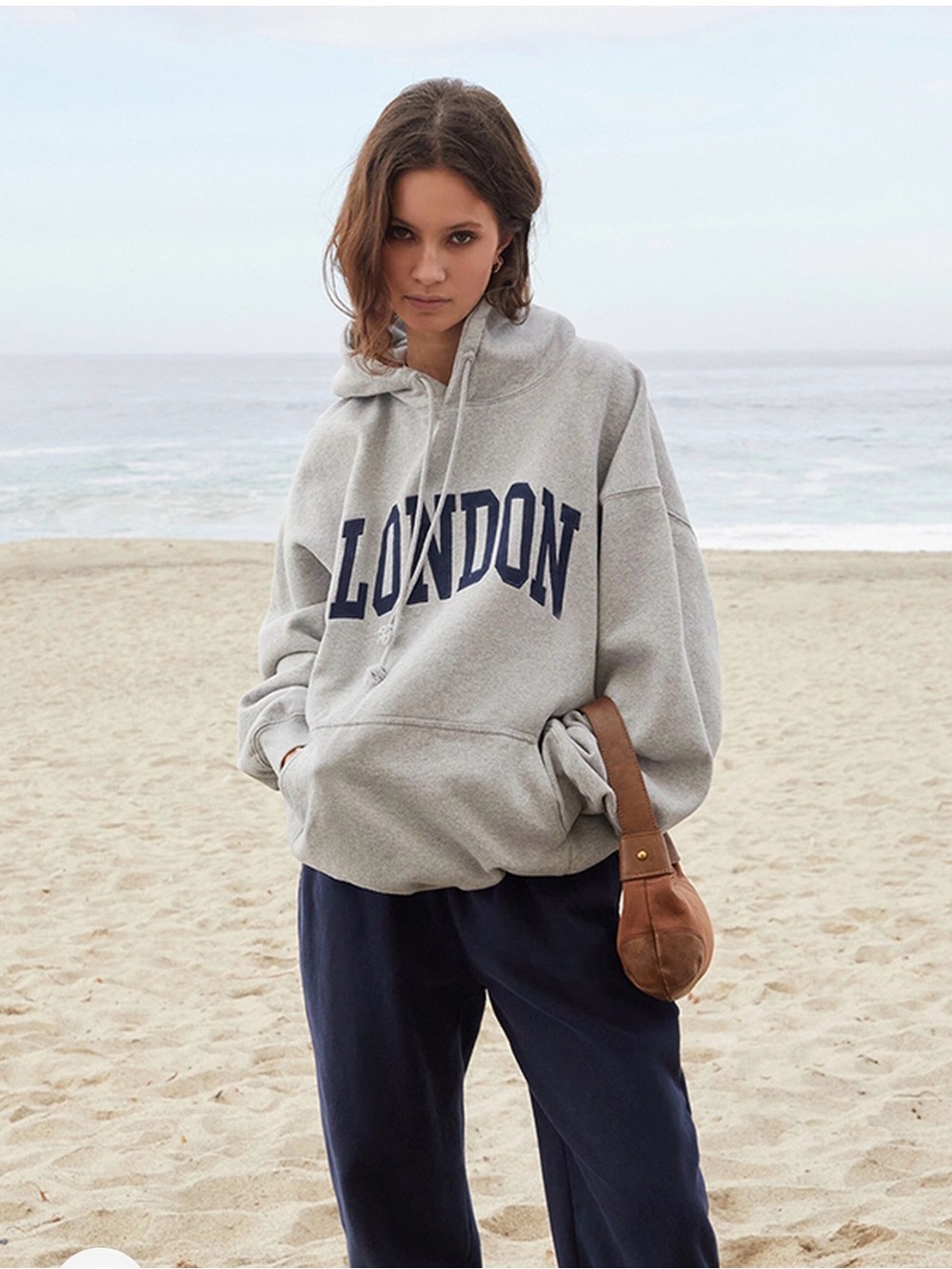 John Galt Grey Oversized Hoodie with Navy 'LONDON' Applique